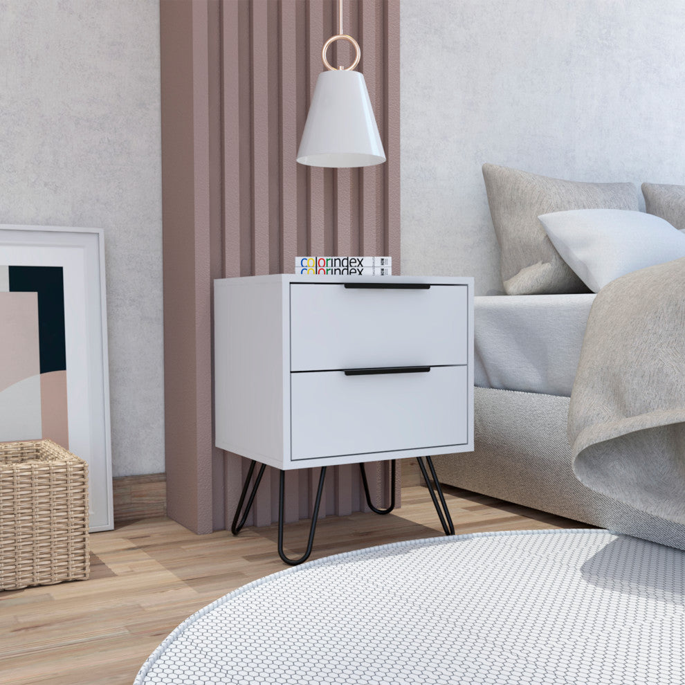 Nuvo 22-inch Tall Nightstand with 2 Drawers, and Hairpin Legs, White