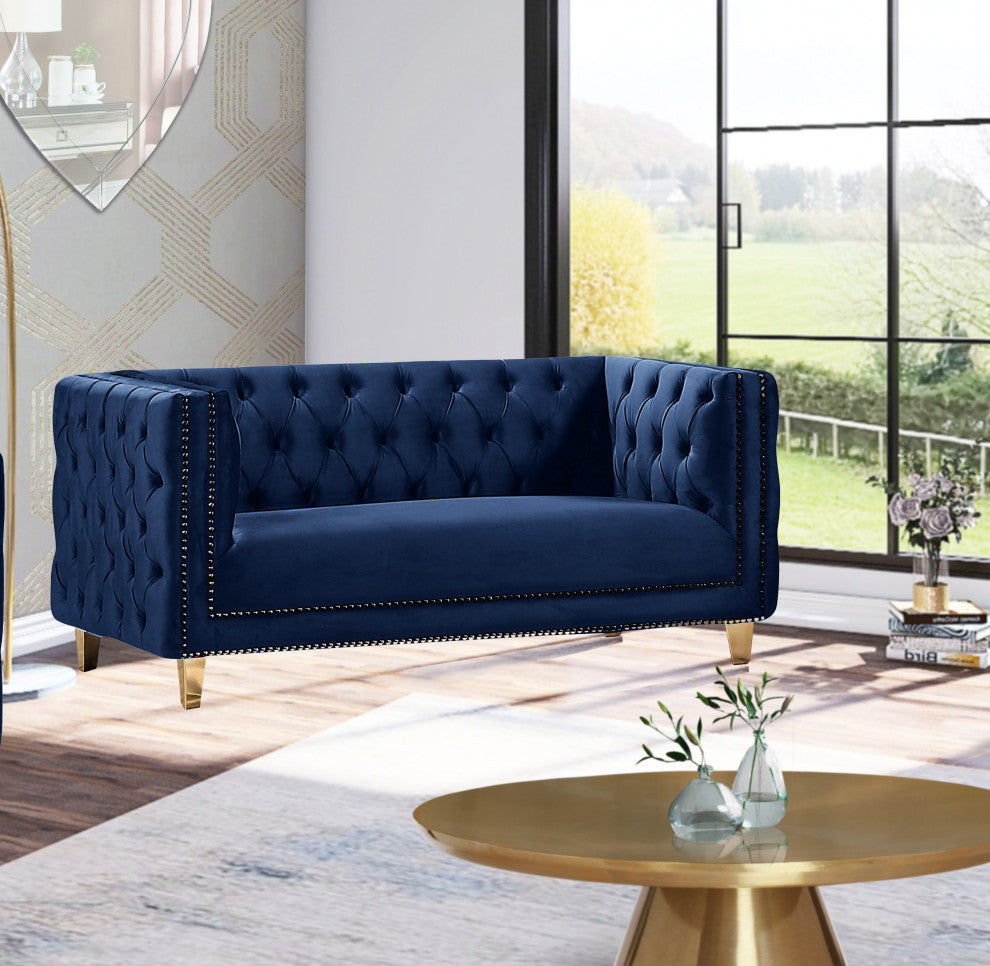 Michelle Fabric Upholstered Chair, Gold Iron Legs, Navy, Velvet, Loveseat