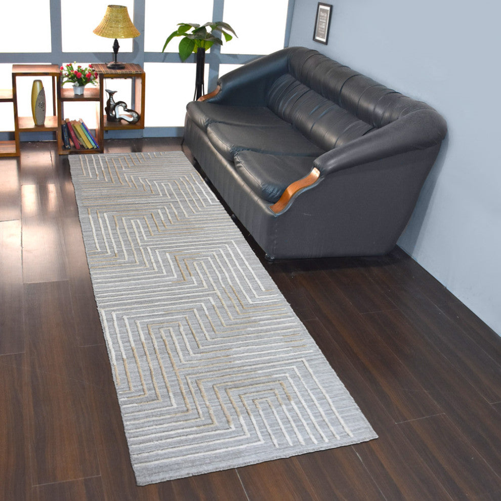 HAND WOVEN FLAT WEAVE KILIM POLYESTER RUGS -Rectangle,Gray Multicolor,Geometric, [Runner] 2'6''x10'
