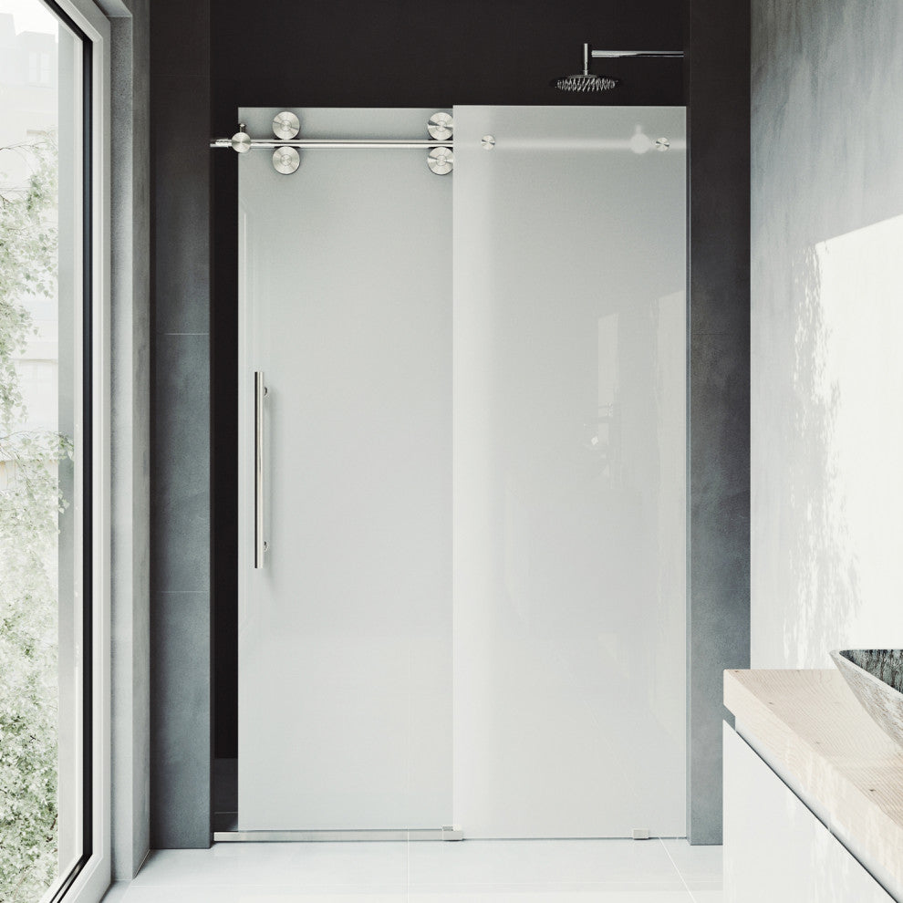 VIGO Elan 56" to 60" W x 74" H Frameless Sliding Shower Door, Stainless Steel, Left, Frosted Glass
