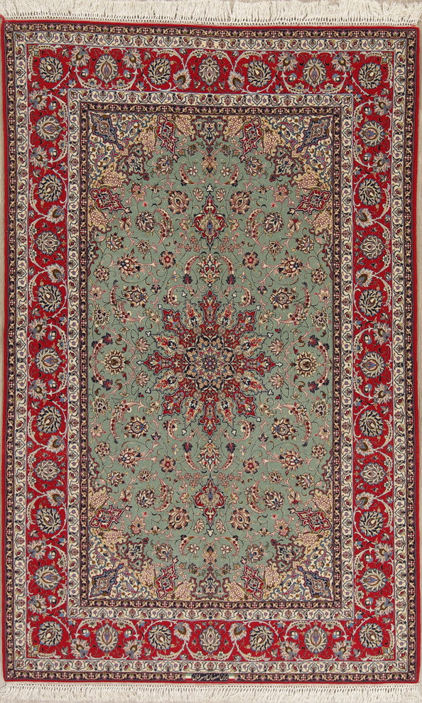 Isfahan Traditional Wool Handmade Persian Oriental Area Rug, Green, 8'1"X5'1"