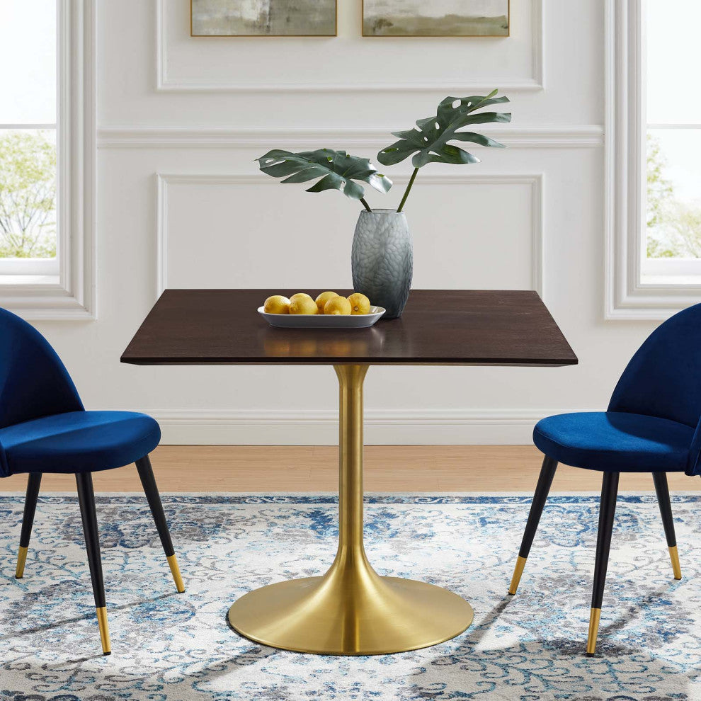 Dining Table, Square, Wood, Gold Dark Brown Brown Walnut, Cafe Bistro Restaurant