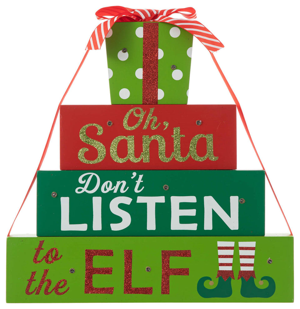 12"H Lighted Wooden Christmas Block Table Decor, Gift Box
