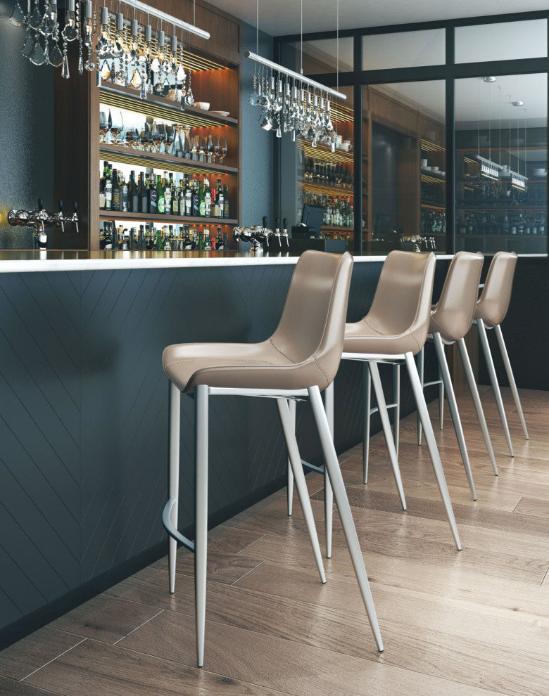 Bar Stool Chair, Set of 2, Faux Vinyl Leather, Steel, Gray, Silver