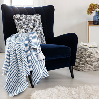 Ivory Striped Throw Blanket with Tassels, Blue/Ivory