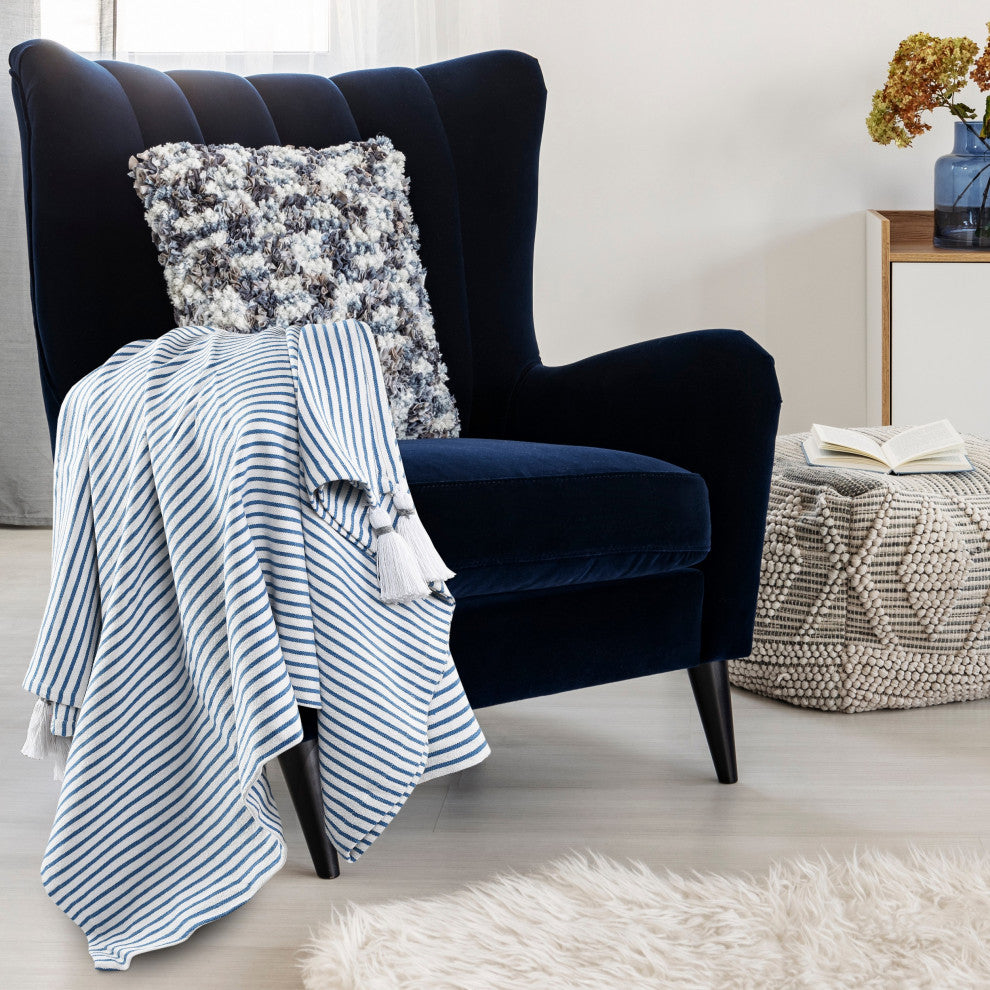 Ivory Striped Throw Blanket with Tassels, Blue/Ivory