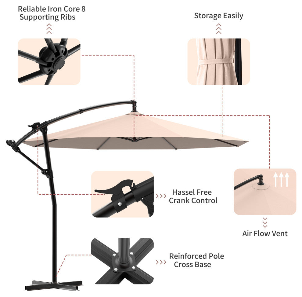 10' Outdoor Patio Cantilever Offset Umbrella With Cross Base