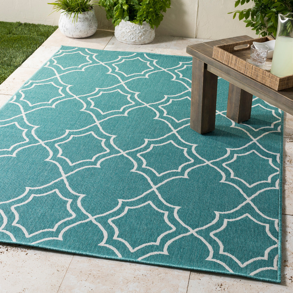 Alfresco Trellis Teal, White Area Rug, 2'3"x7'9" Runner