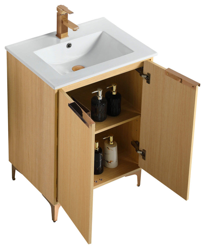 Wilmington Bath Vanity, Natural Oak, 24 Inch, Rose Gold Hardware