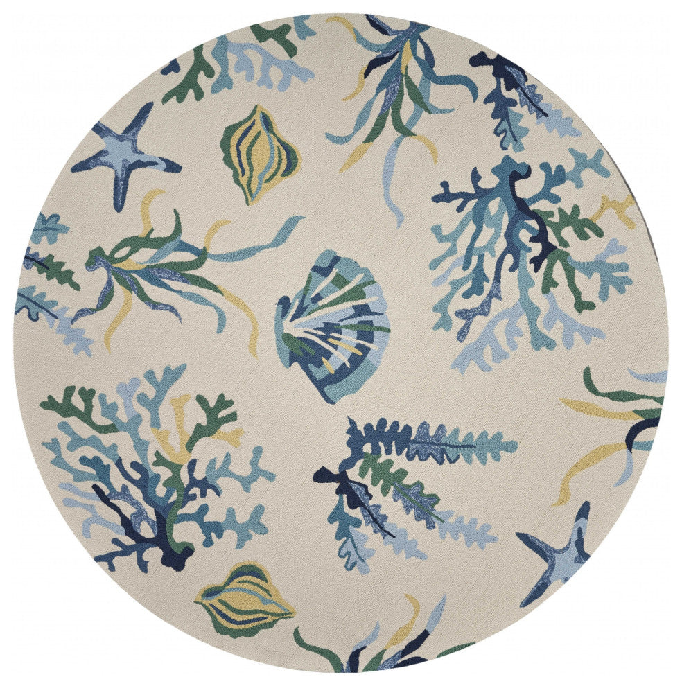 HomeRoots 7' Round UV treated Polypropylene Ivory or Blue Area Rug