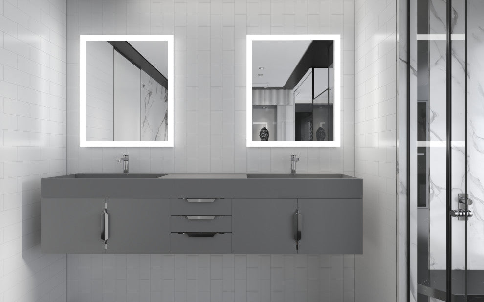 CastelloUSA Amazon 84" Wall Mounted Bathroom Vanity Set, Gray, Gray Top, Chrome Handles