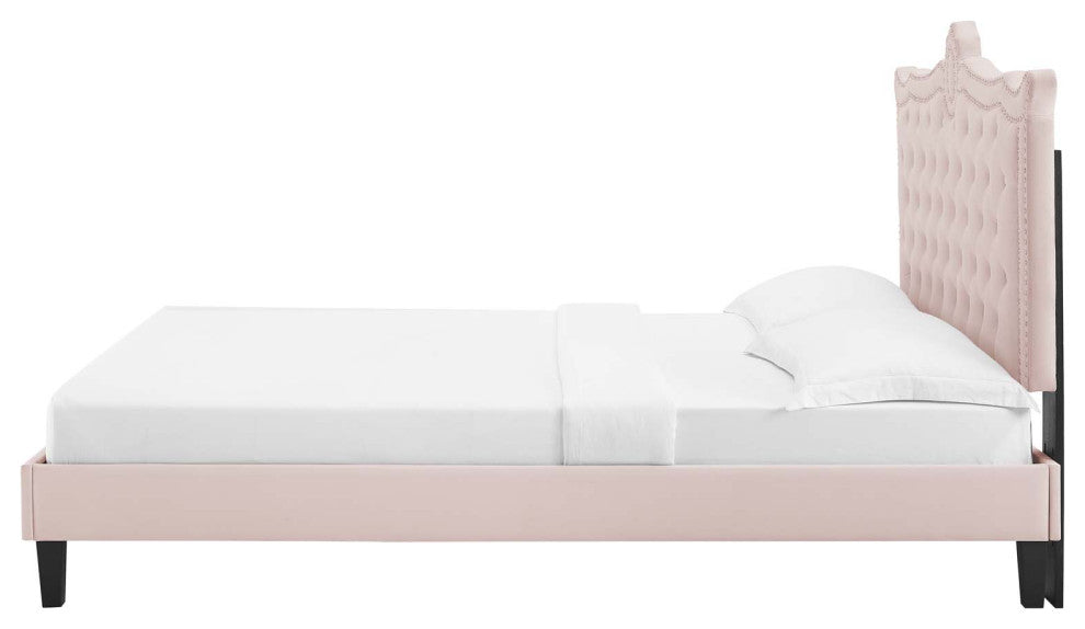 Platform Bed Frame, Nailhead, Queen Size, Pink, Velvet, Modern, Guest Suite