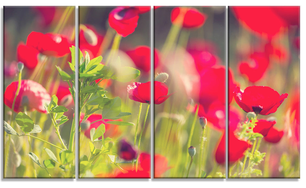 Red Poppies on Green Background, Large Flower Canvas Print, 48"x28", 4 Panels