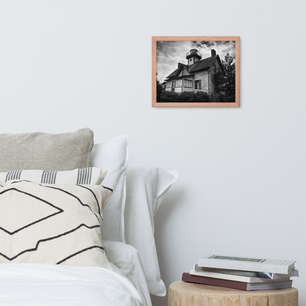 Cedar Point Lighthouse in Black and White Framed Photo Paper Wall Art Prints, Red Oak, 11" X 14"