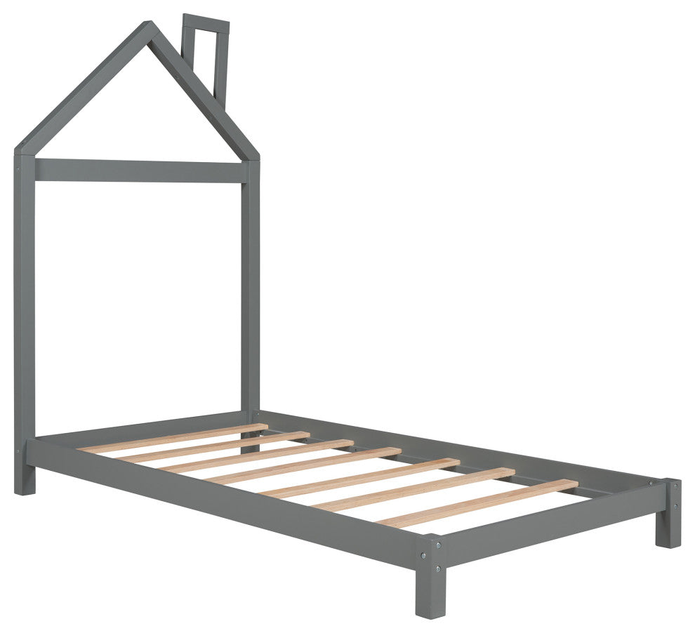 Gewnee  Wood Twin Platform Bed with House Shaped Headboard in Gray