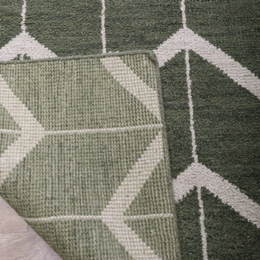 Hand Knotted Wool Area Rug Geometric Green Beige