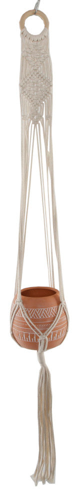 43" Hanging Macrame  With Aztec Ceramic Pot, Orange