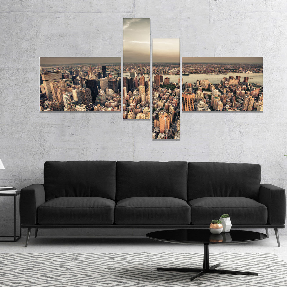 Manhattan Skyscrapers Aerial View, Modern Cityscape Canvas Art, 60"x32",4 panels