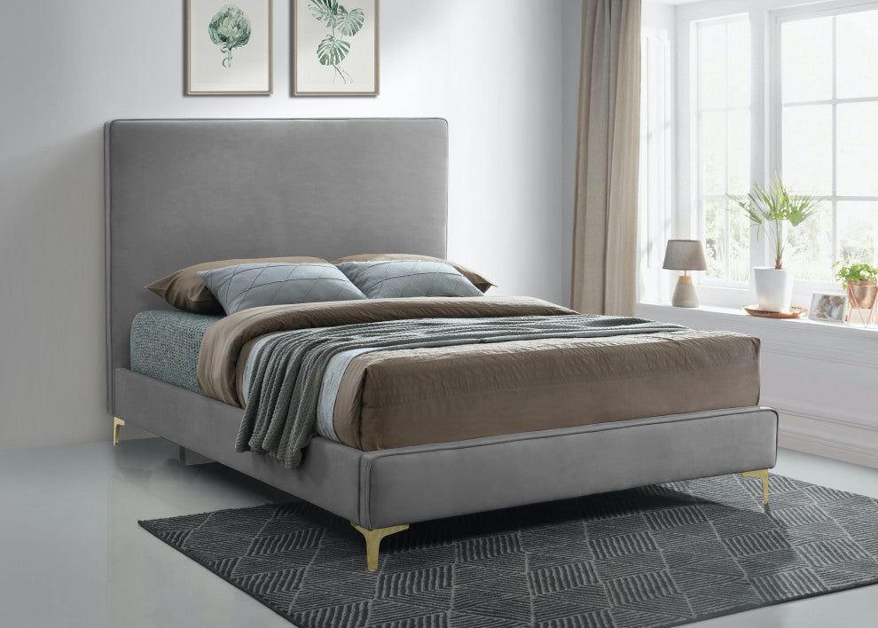 Geri Velvet Upholstered Bed, Gray, Queen