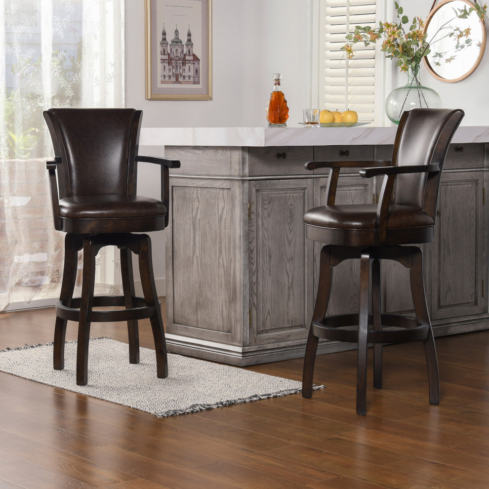 Williams Swivel Bar and Counter Stool With Armrests, Vintage Brown Faux Leather, Bar Height