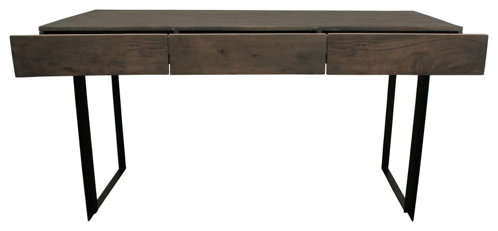 Grady Solid Wood 3 Drawer Desk in Gray Wash with Iron Base