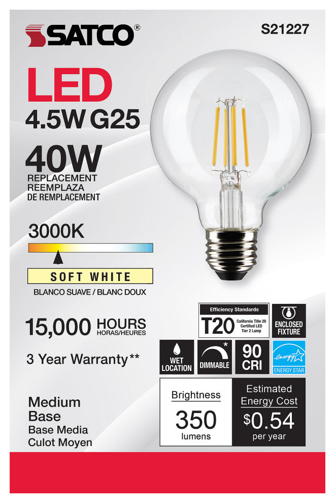 4.5W G25 LED, Clear, Medium Base, 90 CRI, 3000K, 120V