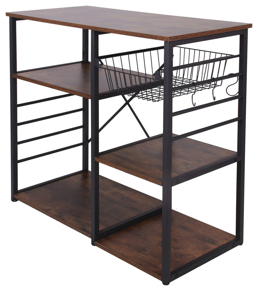 Wood and Metal Bakers Rack with 4 Shelves and Wire Basket, Brown and Black