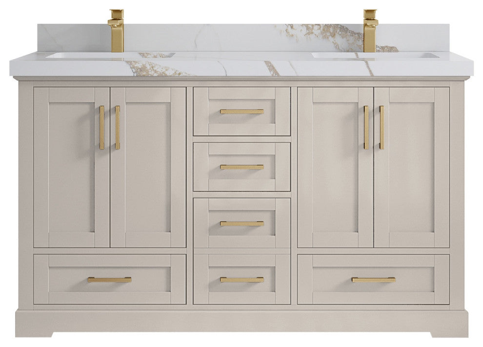 Boston 60" Double Bathroom Vanity in Fine Grain 2" Calacatta Gold