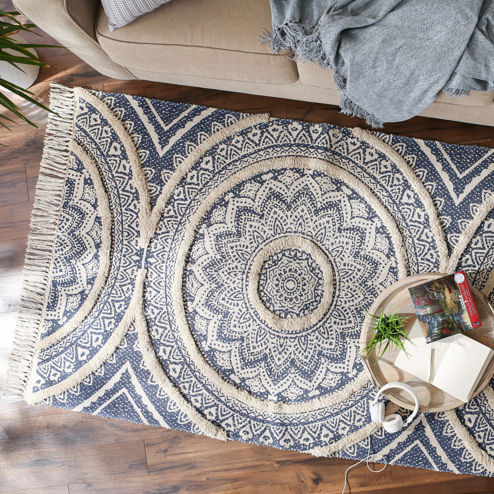 French Blue Printed Natural Hand-Loomed Shag Rug 4x6 ft.