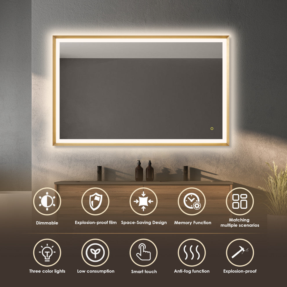 Apollo Anti-Fog Dimmable Vanity, LED Lighted Wall Mirror, Brushed Gold, 48"