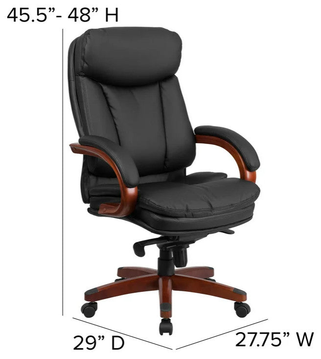 Contemporary Office Chair, Mahogany Wooden Base With Padded Arms, Black