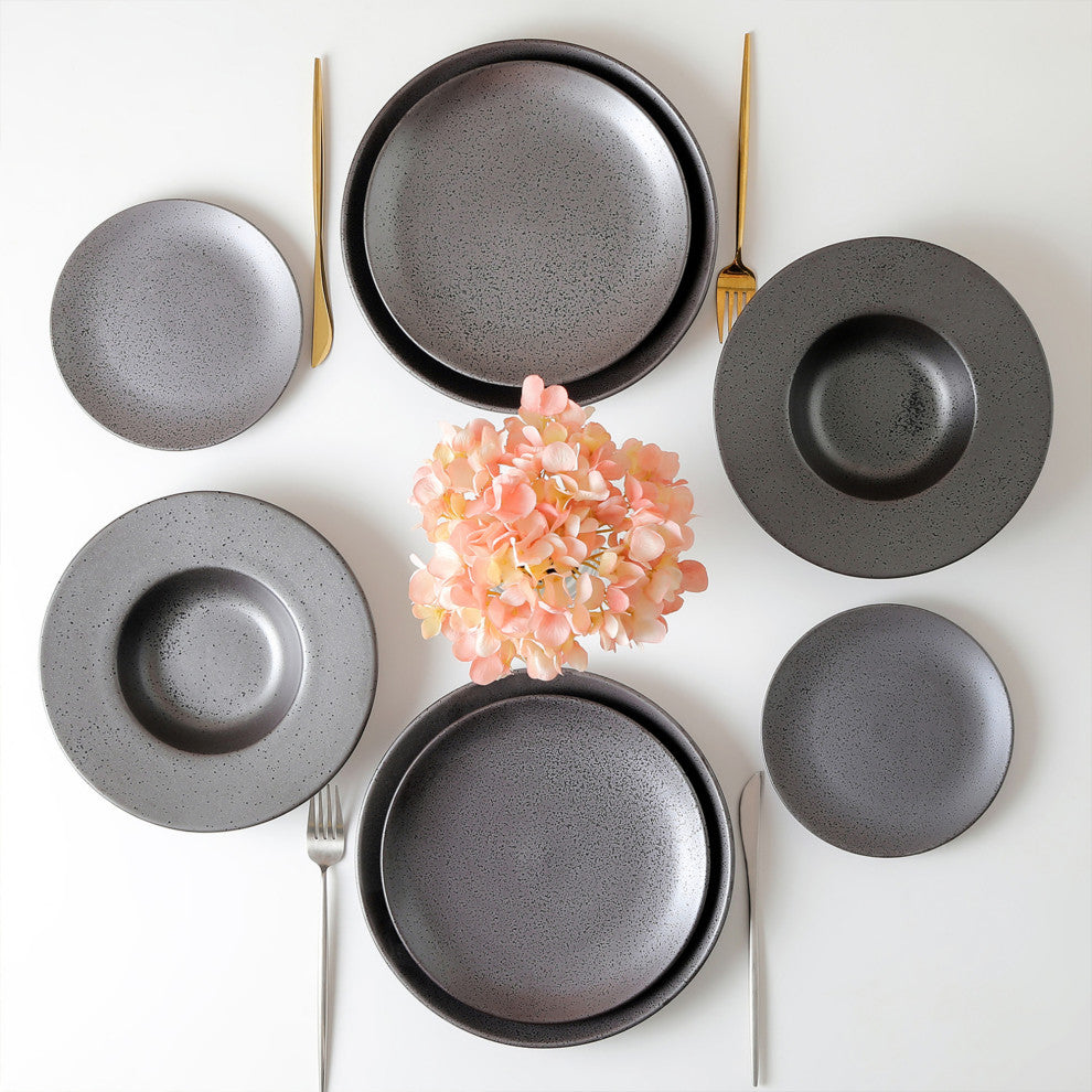 Stone Lain Valencia Porcelain 32 Piece Dinnerware Set, Metallic Grey
