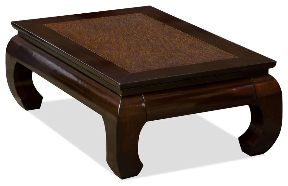 Vintage Dark Espresso Elmwood Chinese Rectangular Coffee Table with Rattan Mat