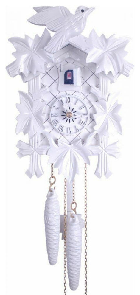 River City Clocks 11-09W Carved Cuckoo Clock White, 5 Maple Leaves & One Bird
