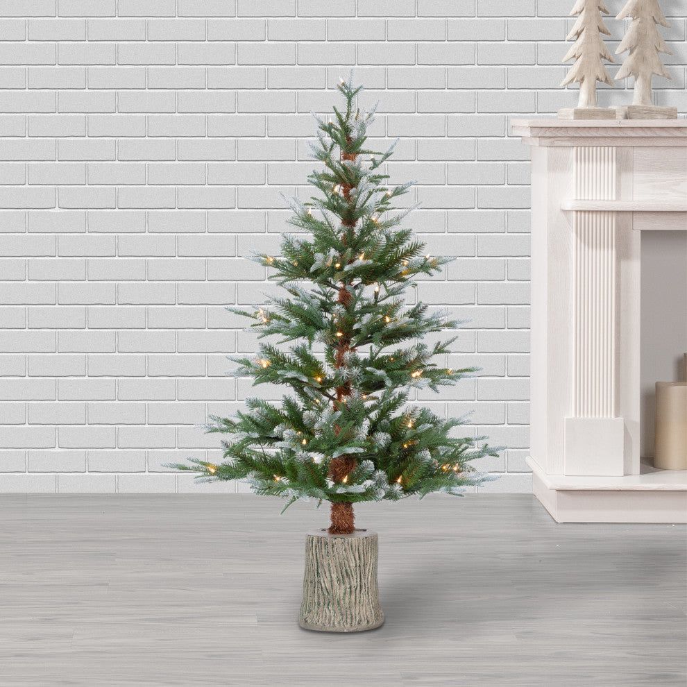 4' High Potted Natural Cut Frosted Pine Tree With 70 Clear LED Lights