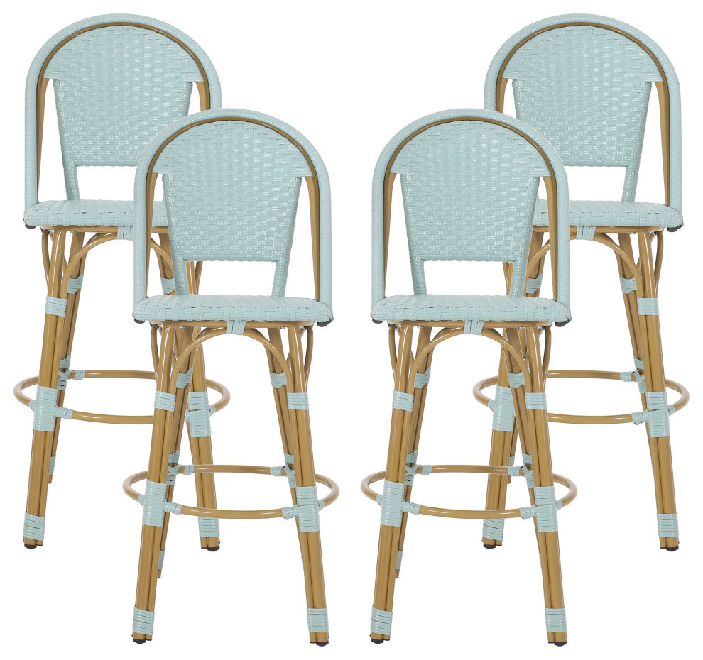 Cotterell Outdoor French Wicker and Aluminum 29.5" Barstools, Set of 4, Light Teal/Bamboo Finish
