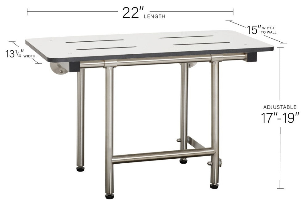 Folding Wall Mount Bench Shower Seat with Legs, White, 22-Inch
