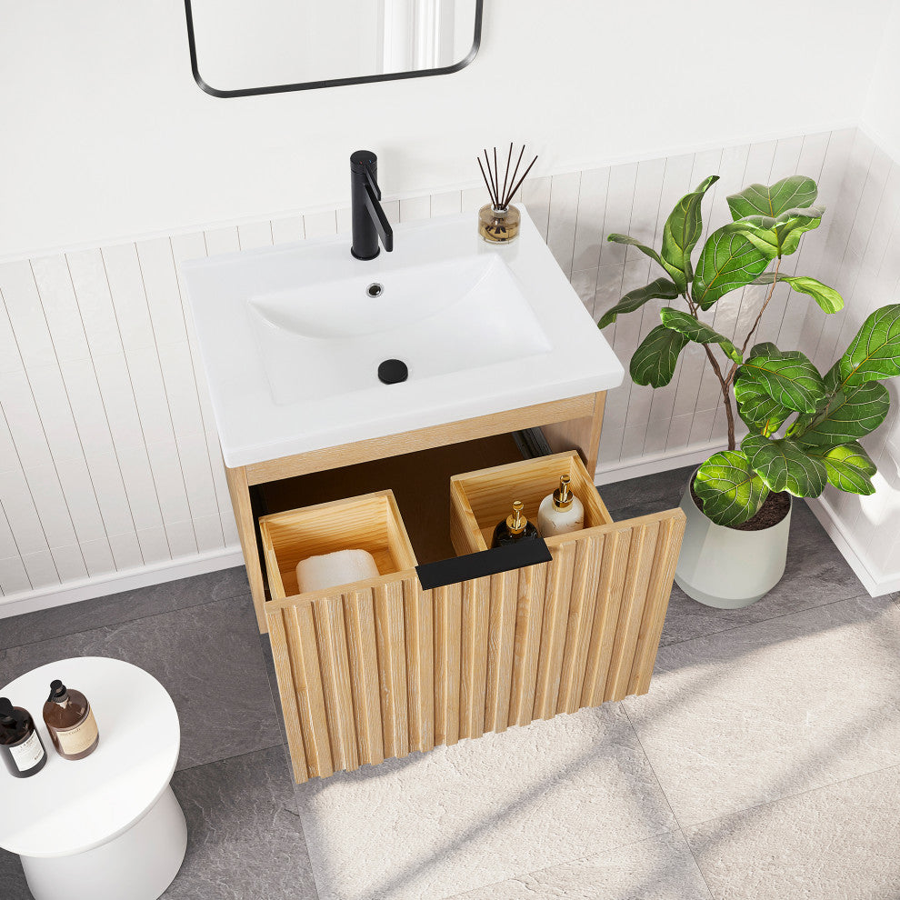 Manila Floating Vanity with Ceramic Basin Top without Mirror, Washed Ash Grey, 24", Single Vanity