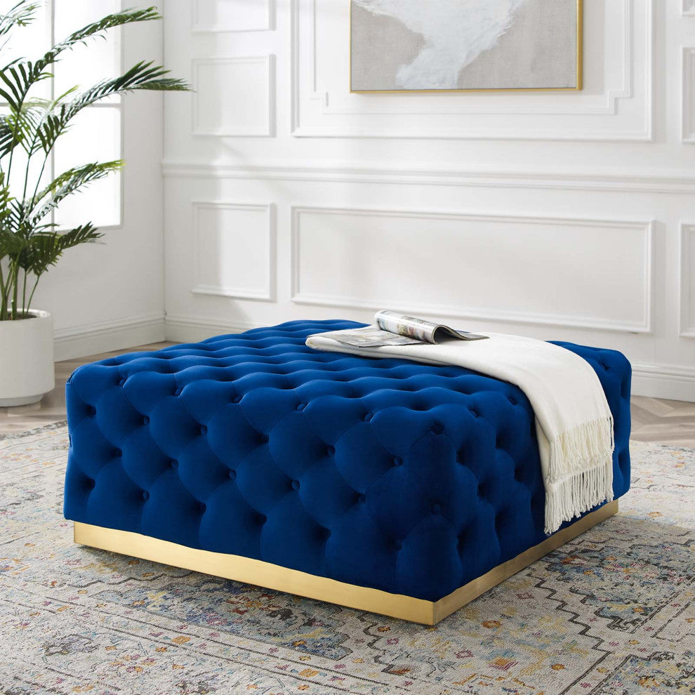 Tufted Accent Chair Ottoman, Square, Velvet, Blue Navy, Modern, Lounge