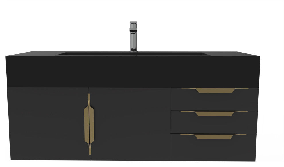 CastelloUSA Nile 48" Wall Mounted Vanity Set, Black, Black Top, Gold Handles