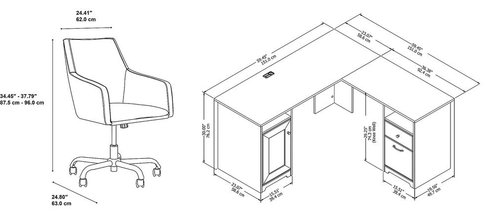 Cabot 60W L-Shaped Computer Desk With Mid Back Leather Box Chair