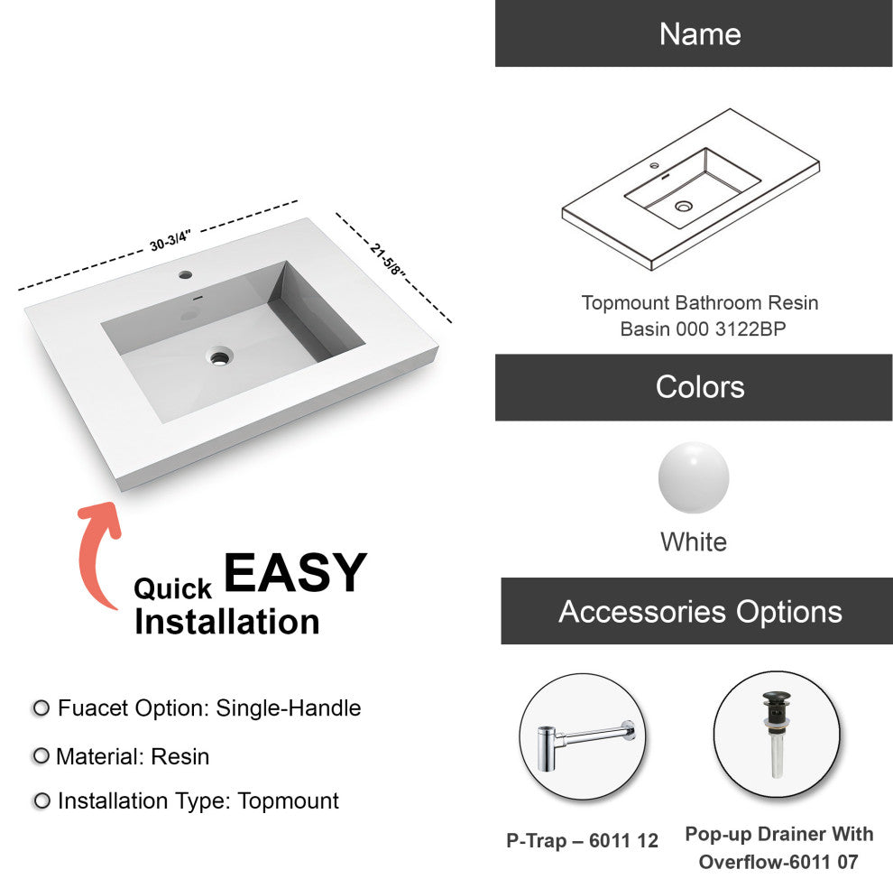 Dowell 22" FTB Resin Bathroom Vanity Basin, White, 32wx22dx6h