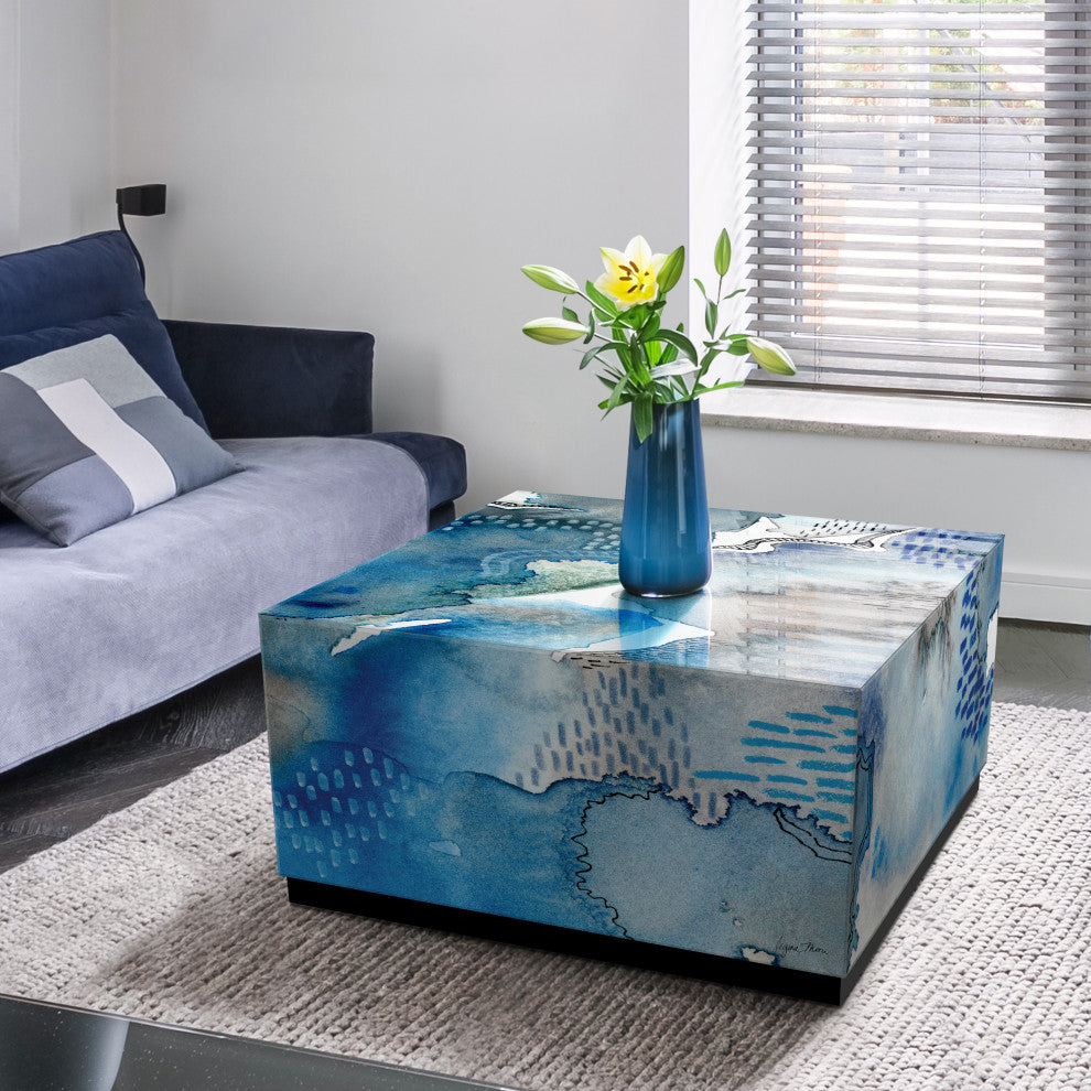 "Subtle Blues II"Reverse Printed Art Glass Cocktail Table with Black Plinth Base