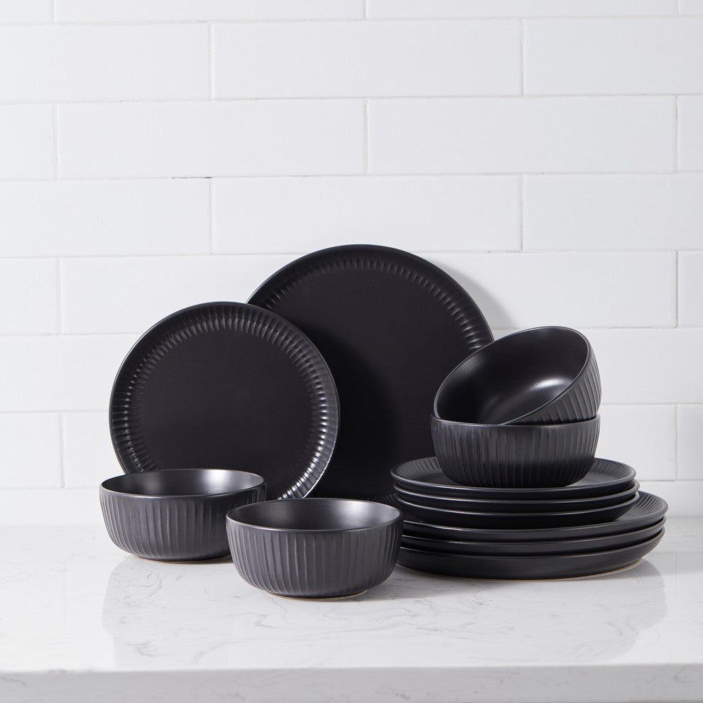 Stone Lain Logan Stoneware 24 Piece Dinnerware Set, Black