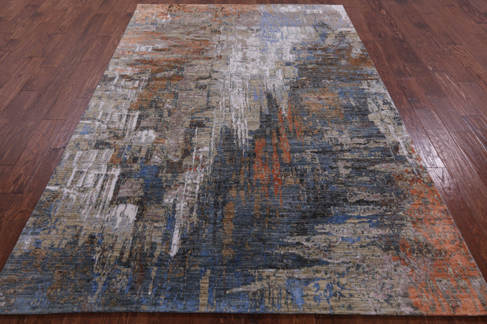 Abstract Wool and Silk Hand Knotted Rug 6' 1" X 9' 1" Q8891