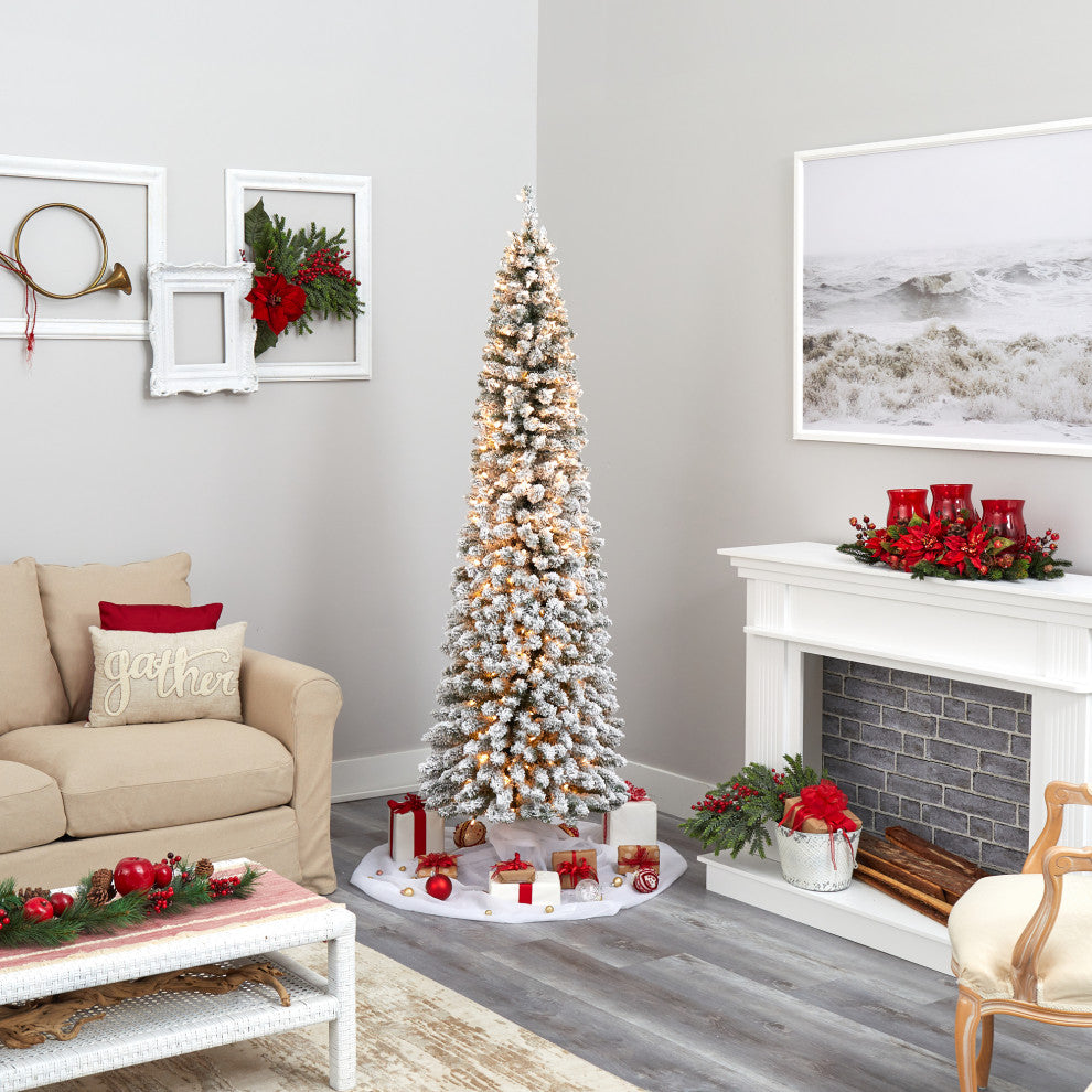 Nearly Natural 7ï¿½ Flocked Pencil Artificial Christmas Tree with 400 Clear Lights