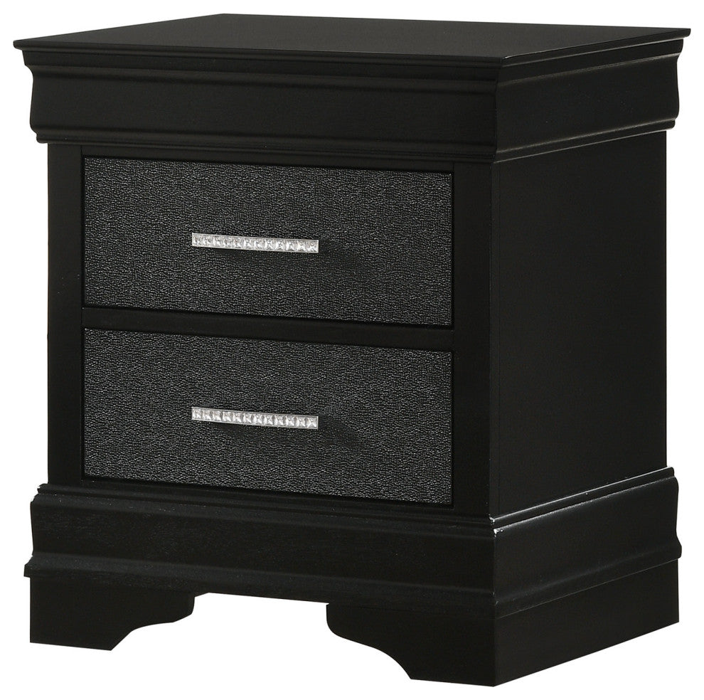 Benzara BM222442 2 Drawer Wooden Nightstand with Studded Accent, Black