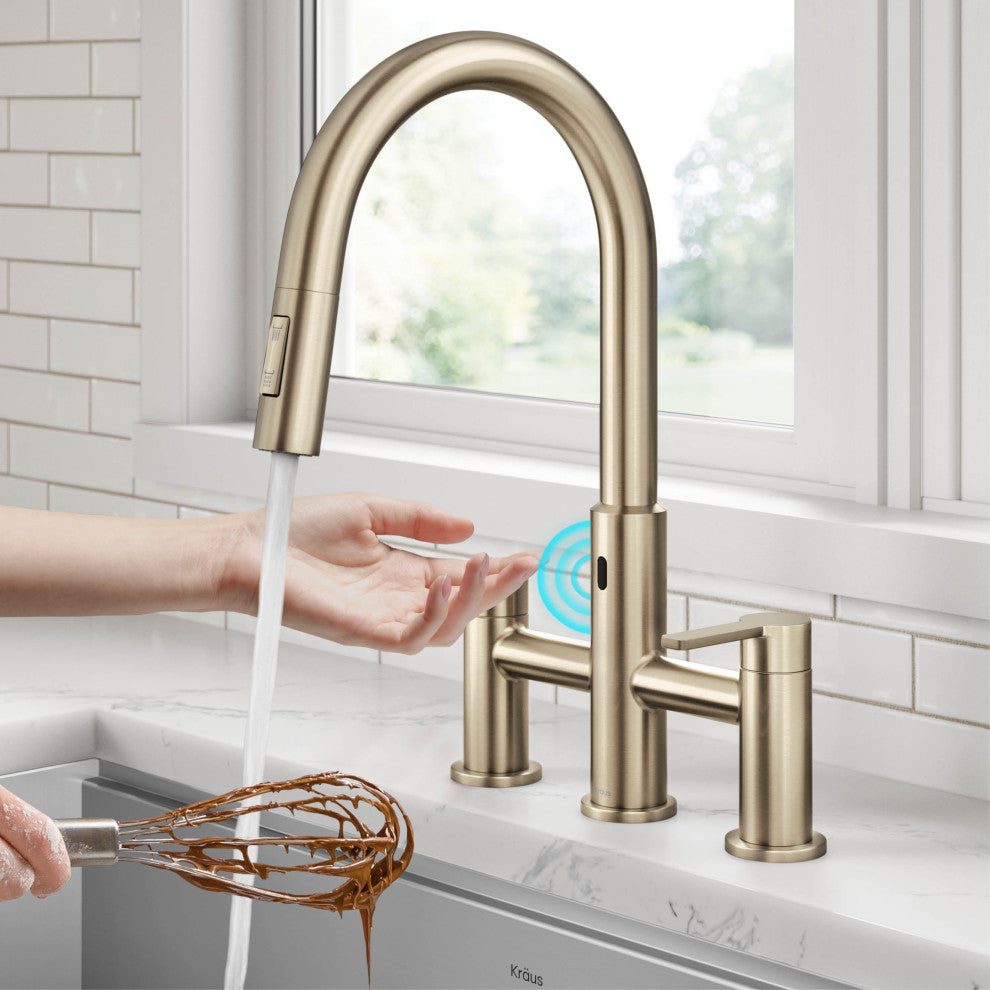 KRAUS Oletto Touchless Sensor Bridge Kitchen Faucet w Pulldown Sprayhead SFACB