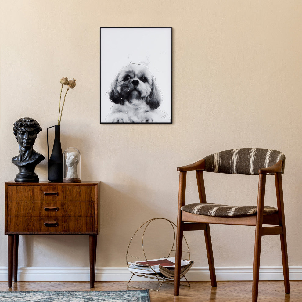 "Shih-Tzu" Black and White Pet Paintings on Printed Glass With Anodized Frame