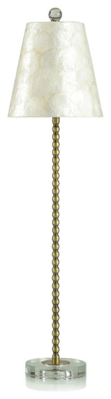 Capiz Slim Buffet Lamp Aged Brass on Skinny Beaded Body Ivory Capiz Shade